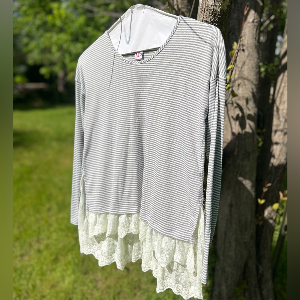 OhMG! Grey Stripped Shirt With Lace Accent